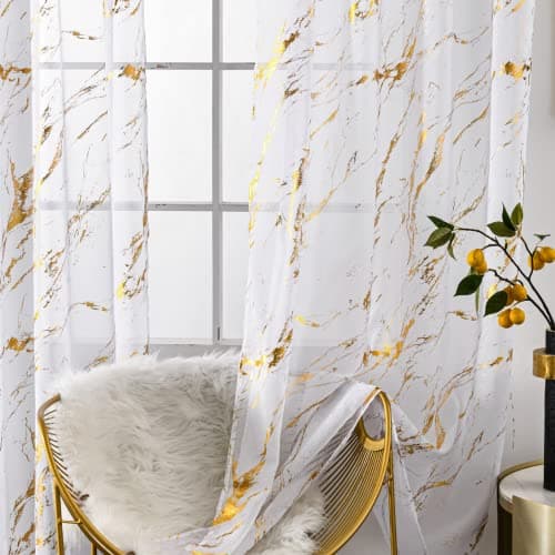 Sutuo Home Marble White Sheer Curtains 84 Inch Length Gold Foil Print Metallic Bronzing Privacy Window Treatment Decor Abstract Drape Pair 2 Panels Set for Bedroom Kitchen Living Room 52 W x 84 L
