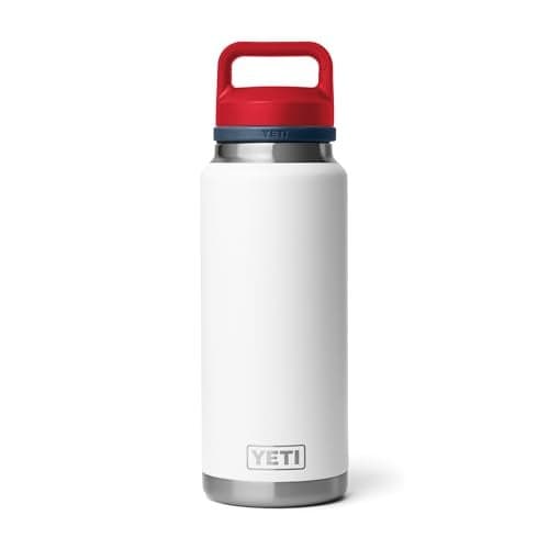 YETI Rambler 36 oz Bottle, Vacuum Insulated, Leakproof, Stainless Steel with Chug Cap, White/Navy/Rescue Red