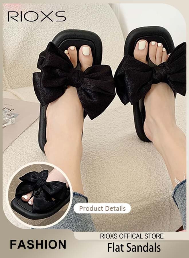 Women's Casual Sandals, Fashion Bow Flip-Flop Flat Sandals, Trendy Vacation Square Open Toe Thong Slide Sandals, Boho Dressy Flip-Flops for Women, Lightweight Ladies Slides Slippers, Anti-Slip Flat Sandals for Indoor Outdoor Wear, Bedroom Sandals Living-room Slippers, Woman Footwear Black Sandal