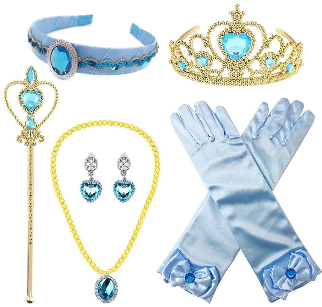 6Pcs Princess Jasmine Costume Dress up Accessories for Girls Arabian Princess Jasmine Cosplay Headband Gloves Tiara Crown Necklace Wand Earrings Halloween Party Dress up for Kids