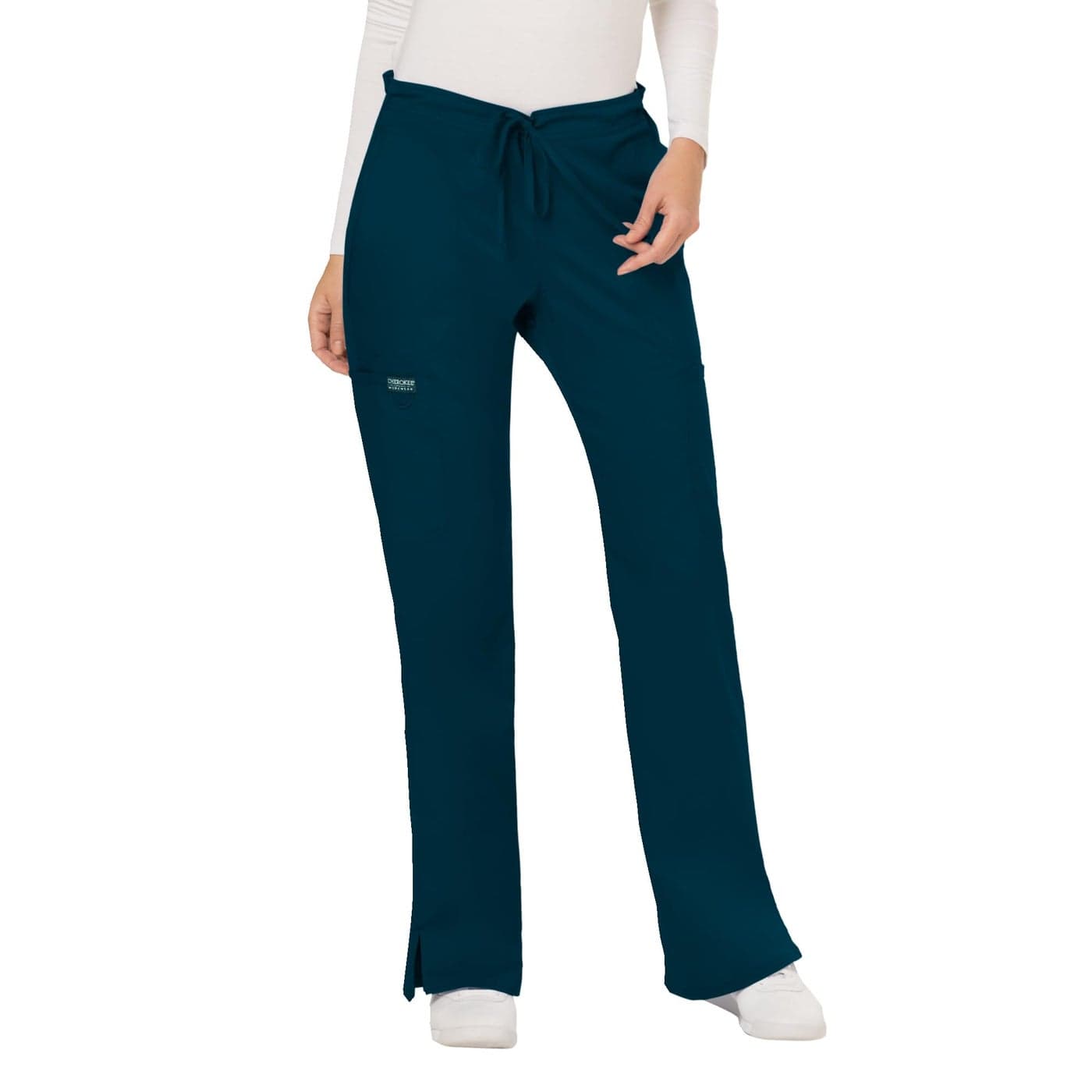 Cherokee Womens Mid Rise Moderate Flare Drawstring Pant Caribbean Blue Medium