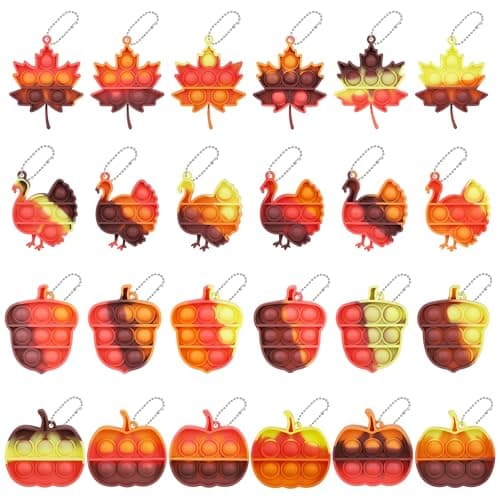 Fall Party Favors Thanksgiving Toys 24 Pcs Mini Pop Fidget Keychain for Kids Pumpkin Turkey Sensory Toys Fall Festival Pinata Goodie Bag Stuffers Treats Classroom Prizes Gifts for Boys Girls Toddler