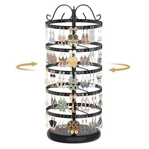 MODOWEY 5 Tiers Metal Rotating Earring Holder Organizer Stand Adjustable Display Tree, 220 Holes Large Carousel Rack for Stud Hoop Pierced Dangling Women, Ideal View for All Earrings, Black
