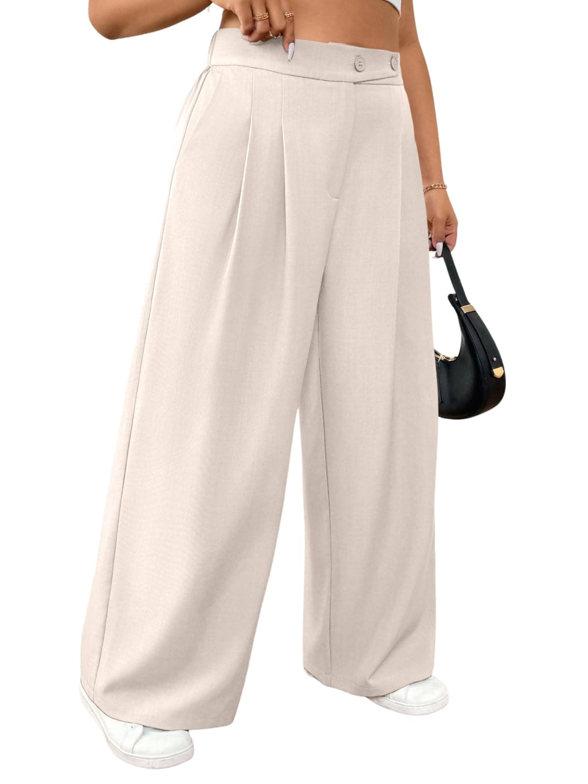 GRECIILOOKS Trouser for Women High Waist Wide Leg Trousers Office Wear Pleated Korean Pants for Womens (GL-TR1359-30-White)