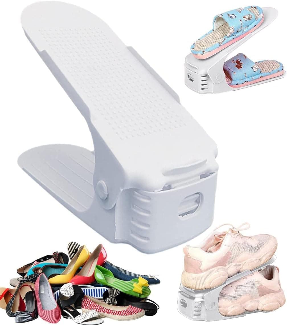 Adjustable Double Layer Shoe Slots Organizer Rack, 20 Pack White Shoe Space Saver for Sneakers & High Heels