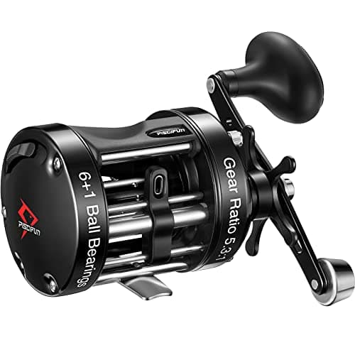 Piscifun Chaos XS Baitcasting Fishing Reel Reinforced Metal Body Round Baitcaster Reel Smooth Powerful Saltwater Inshore Surf Trolling Reel Conventional Reel for Catfish Black 50 Left Handed