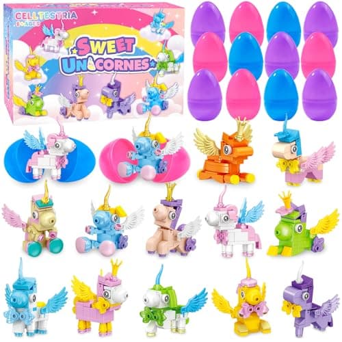 Celltestria 12Pcs Prefilled Easter Eggs with Unicorn Building Blocks for Kids Easter Animals Buildings for Egg Hunt Basket Stuffers Easter Unicorn Toys for Boy Girl Party Favors Classroom Prizes