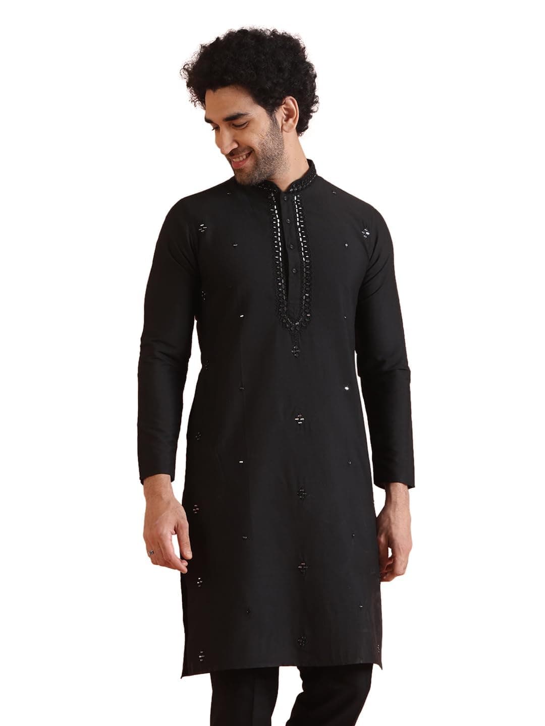 KISAH Men's Embroidered Cotton Kurta-Mirror Work, Regular Fit, Long Tunic for Weddings & Festive Occasions, Black, 42