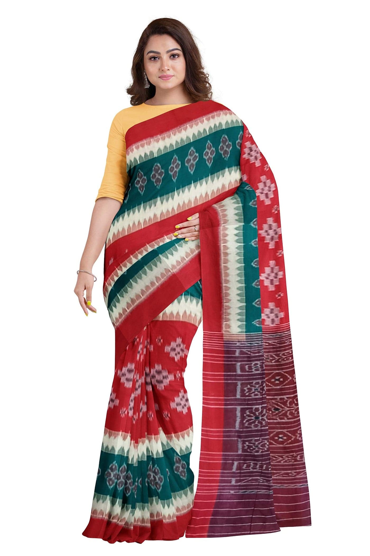 BTHIKIRI Odisha Sambalpuri Handloom Ikat Women's Cotton Saree, Odisha Handloom Handmade Pure Cotton Khandua Ikkat Traditional Handloom Saree Without Blouse (Deep Green, Red, BTHI 995)