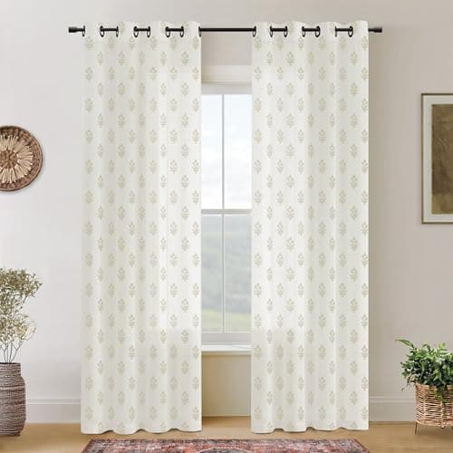 Neutral Curtains for Modern Farmhouse Style Living Room,Farm House Country Floral Patterned Linen Sheer Primitive Curtain for Bedroom 96 Inch Long 2 Panel Set 8FT 8 FT Length Floor to Ceiling Curtains
