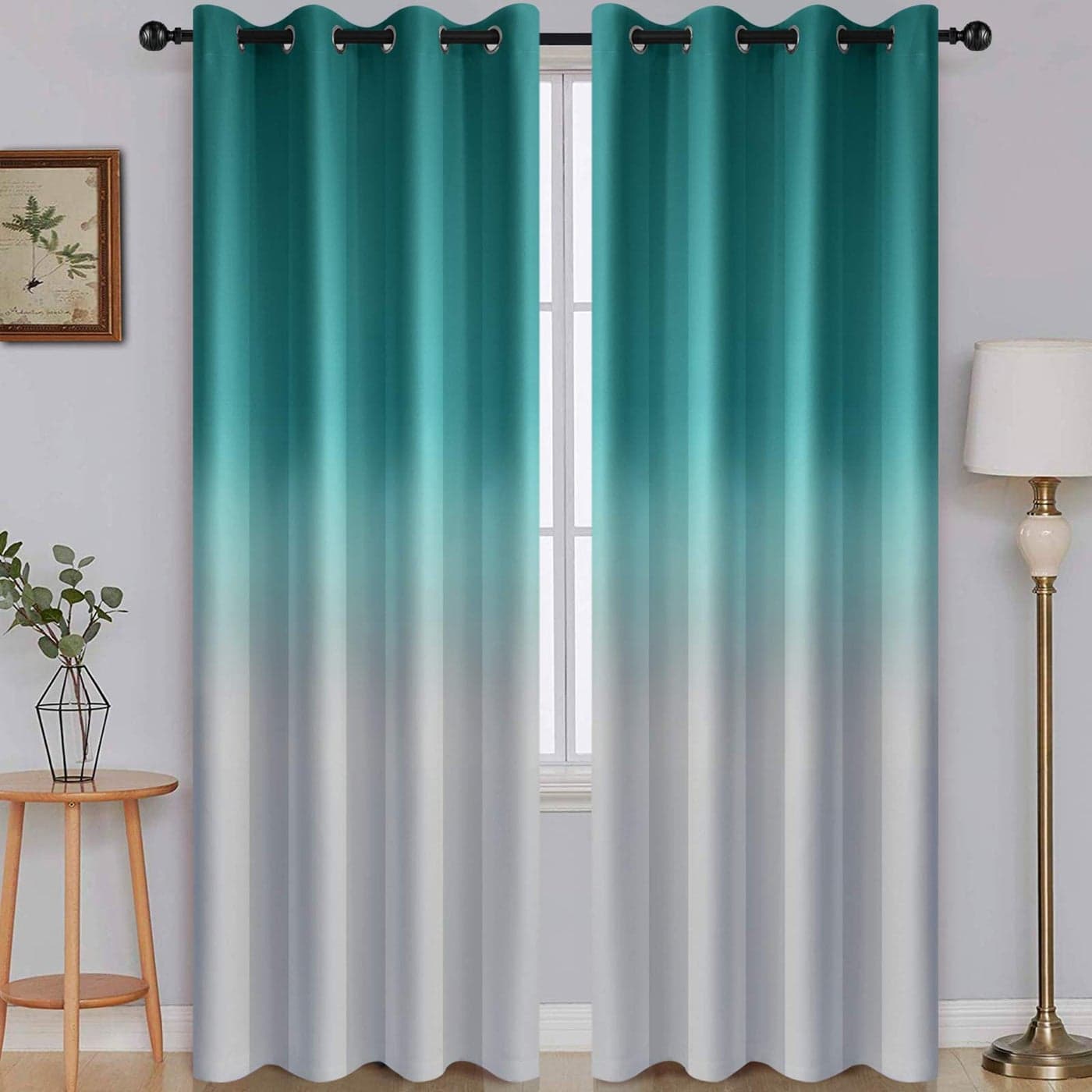 SimpleHome Ombre Room Darkening Curtains for Bedroom Light Blocking Gradient Teal to Grey White Thermal Insulated Grommet Window CurtainsDrapes for Living Room2 Panels 52x84 inches Length