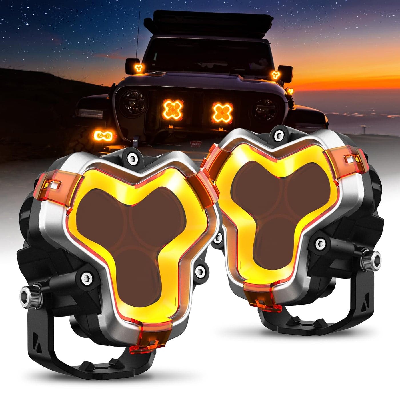 NOVSIGHT 3 Inch LED Pod Lights Red Dot Award 2025 Winner Halo Series Driving Lights with AmberWhite DRL 96W Super Bright LED Offroad Light with Covers Wiring Harness for Truck Jeep Pickup ATV