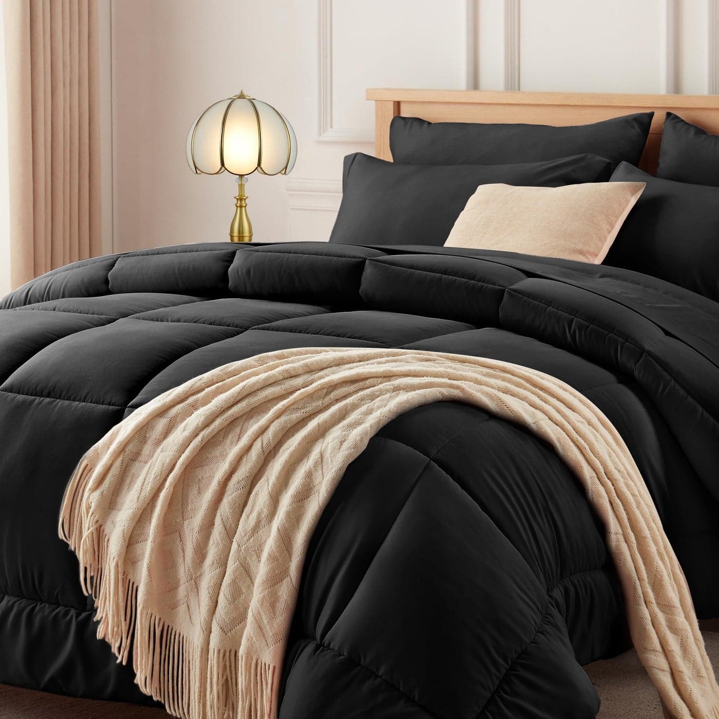 Newspin Queen Comforter Set Black Bed in a Bag Queen Size 7 Pieces All Season Bed Set Fluffy Comforter Set with Sheets Sheet Set Quilt Blanket Pillowcases Shams