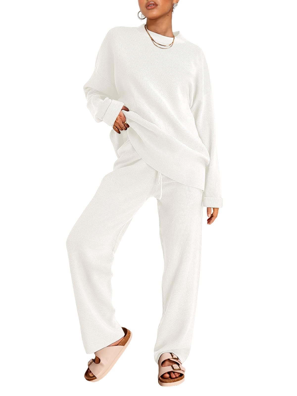LILLUSORY 2 Piece Sets for Women 2025 Fall Outfits Two Piece Lounge Sets Sweatsuits Striped Knit Sweater Clothes Fashion White M