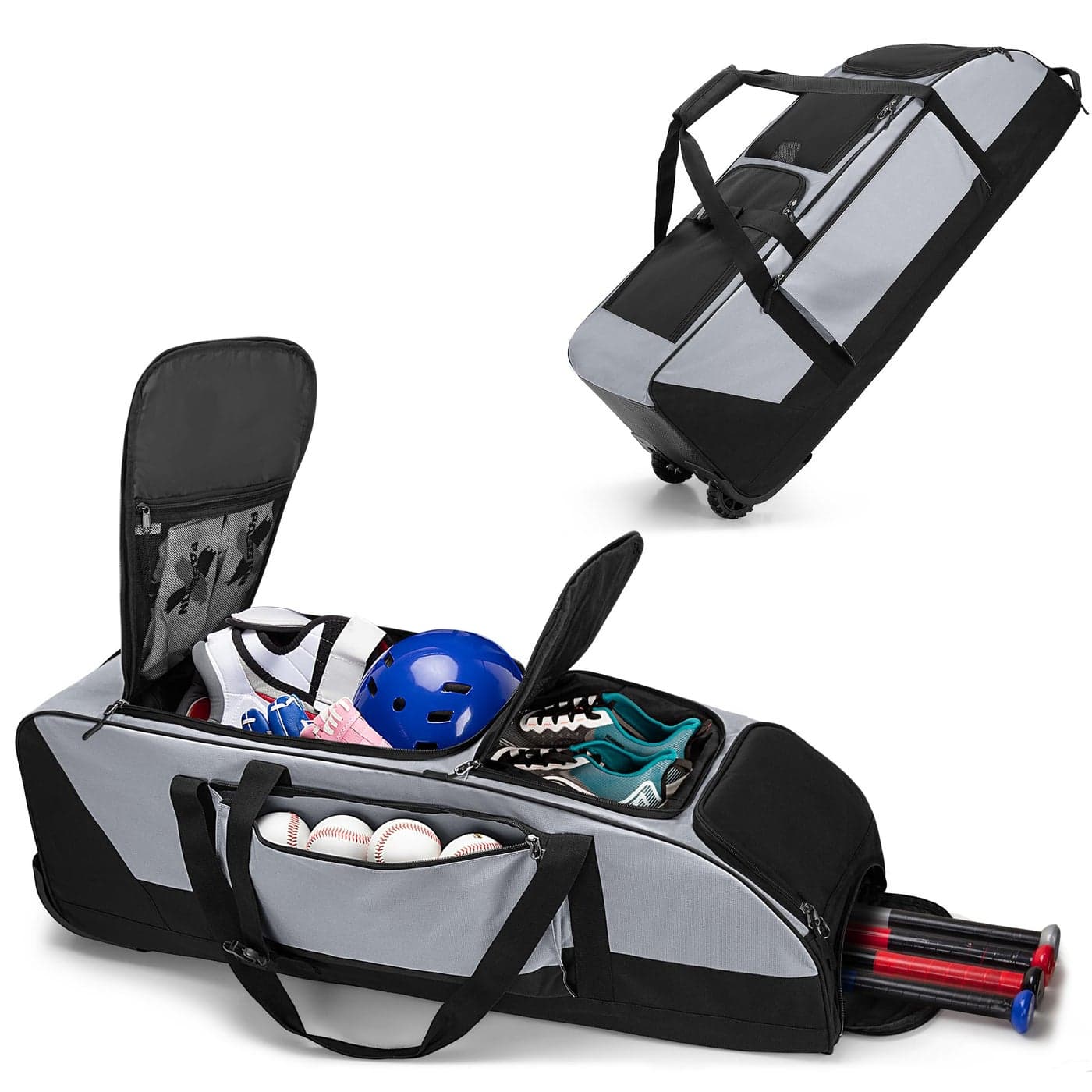 GOBUROS Rolling Baseball Softball Bag with Wheels for 4 Bats Baseball Duffle Bag with Separate Shoe Space and Multiple Pockets for Softball Equipment Gray