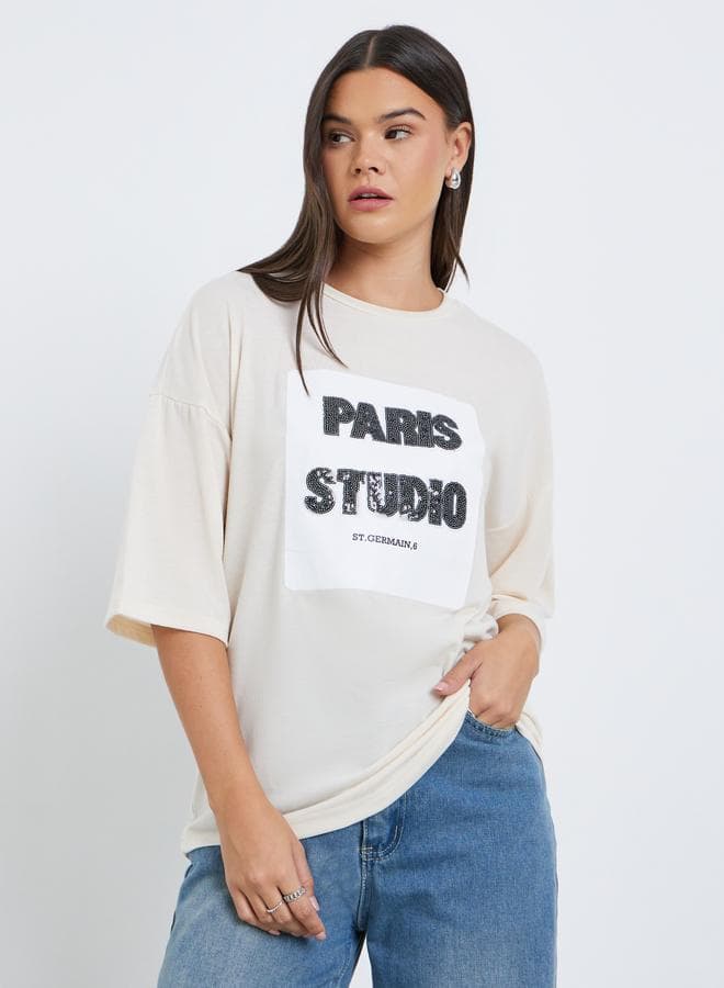 Styli Women Beige Sequin Paris Oversized T-Shirt