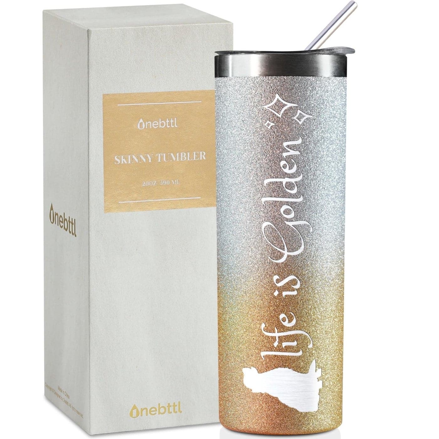 Onebttl Golden Retriever Gifts for Women Dog Moms 20Oz Glitter Skinny Travel Tumbler Life is Golden
