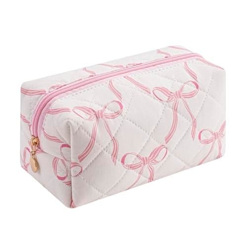 Gleyemor Small Quilted Makeup Bag for Women, Cute Floral Bow Cosmetic Bag, Emergency Bag Travel Toiletry Cotton Pouch Gifts for Girls Her Mom Friend Sister Bridesmaid (Big Pink Bow)