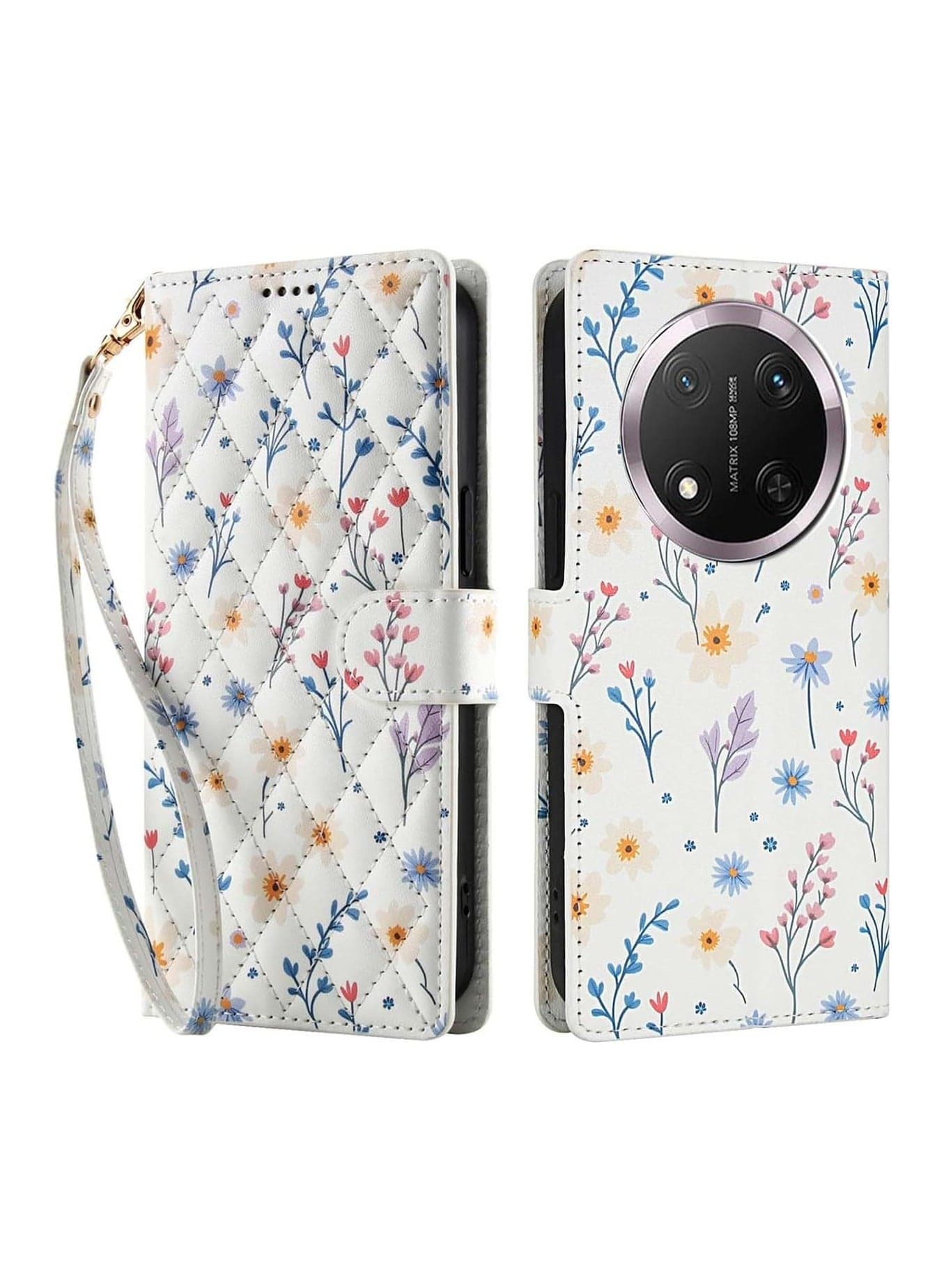 Honor Magic 7 Lite 5G Protective Case, Floral Quilted PU Leather Wallet Flip Cover, Magnetic Shockproof Protective Case with Card Slot Stand