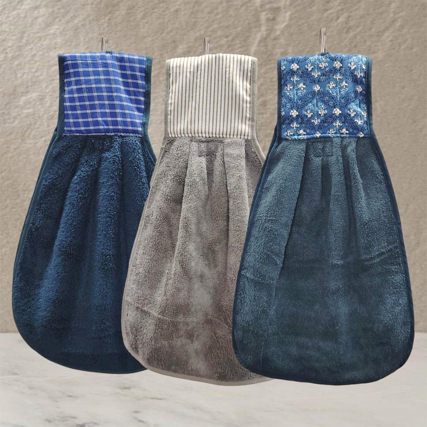 Giza COTTON Hanging Hand Towel Set Wash Basin Napkin with Loop Kitchen Sink Towel Pack of 3 Navy Brown Blue Soft Absorbent Cotton Kitchen Bathroom Hand Towels