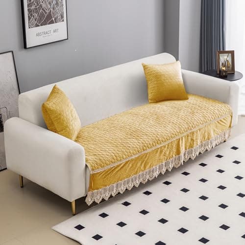 HOKIPO Premium Dutch Velvet Anti Slip Sofa Seat Mat for L Shape and 1/2/3 Seater Sofa. Make Your Own Sofa Cover Set, Mat Length 150 cm, Mustard (AR-4953-MST)