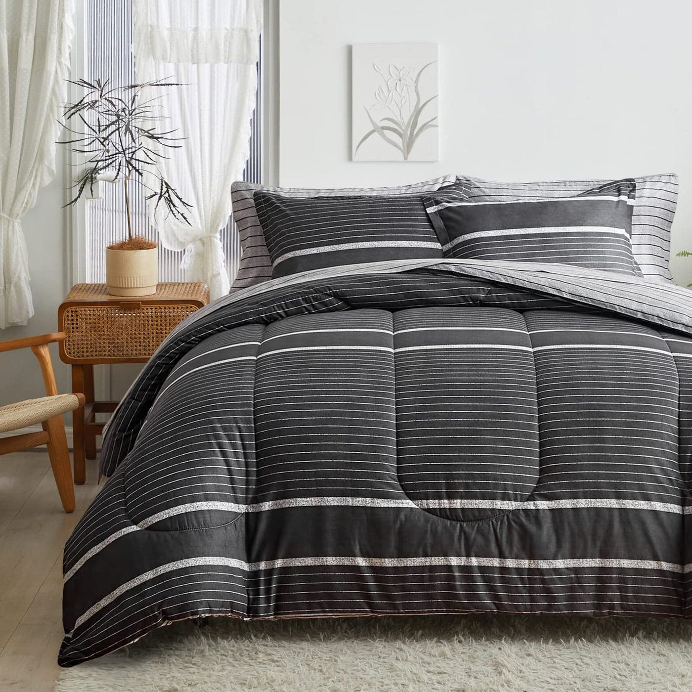 Flysheep 3 Pcs Boho Striped Comforter Set King Size White Striped on Black Dark Grey Soft Microfiber Reversible Bedding Set for All Season