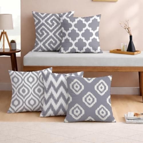 STITCHNEST Set of 5 Polycotton Cushion Covers – 24x24 Inches – Grey & White Ikat Geometric Print – Elegant Cushion Covers for Sofa & Living Room | Perfect for Home Decor