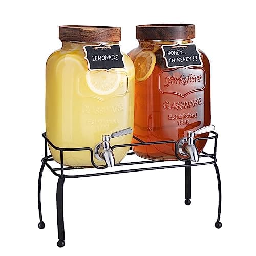 mustry Glass Drink Dispenser for Parties, 1 Gallon Beverage Dispenser with Stand and Spigot Solid Stainless Steel, Used as Lemonade Dispenser Sun Tea Jar Kombucha Jar, Set of 2