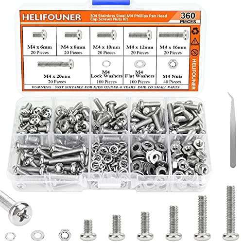 HELIFOUNER 360 Pieces M4 x 6mm /8mm /10mm /12mm /16mm /20mm, Phillips Pan Head Machine Screws, Metric Screws Bolts Washers Nuts Kit, 304 Stainless Steel