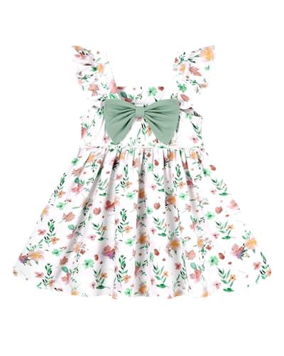 YALLET 2T 3T Toddler Dresses Halter Print Sleeveless Baby Girl Dress Backless with Bow Family Photoshoot Outfits for Valentine's Day Easter Play Party Birthday Casual Family Photos(Floral White,2-3T)