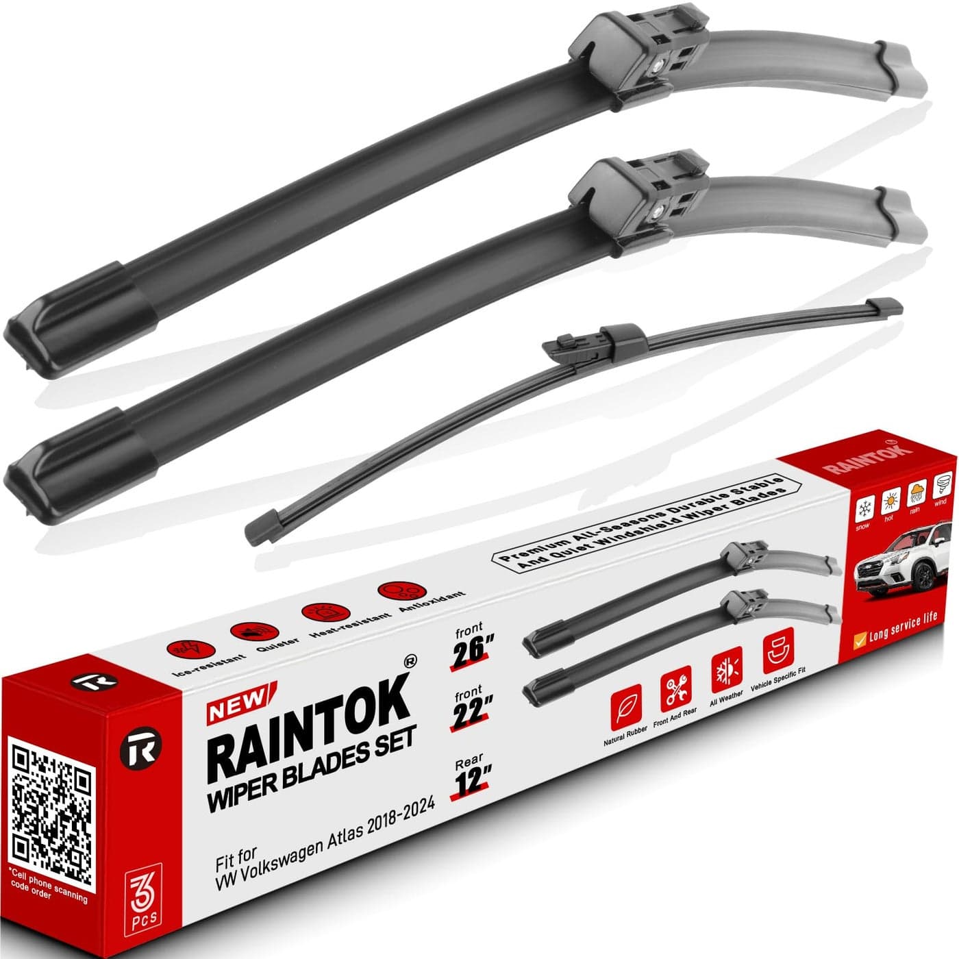 RAINTOK Windshield Wiper Blades Replacement for VW Volkswagen Atlas 2018 2019 2020 2021 2022 Original Factory Quality Front Rear Wipers Blade Set for My Car 26 22 12 Pack of 3