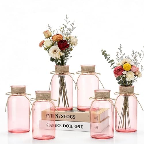 TAOZIMA Glass Flower Vases for Centerpieces Boho Cylinder Bud Vases in Bulk Mason Jars for Weddings, Parties & Vintage Home Mother's Day (6, Pink)