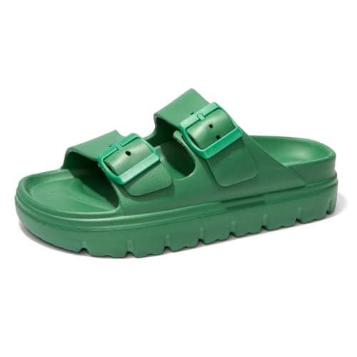 FUNKYMONKEY EVA Slides for Women Thick-sole Adjustable Double Buckle Waterproof Platform Sandals (8 M US, Green/HDSPK)