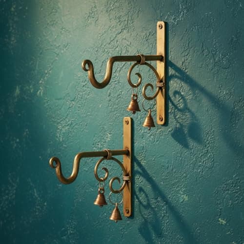 Lamcy Plaza Decorative Wall Brackets - 7.5 Inch (Pack of 2) - Hand Forged Antique Golden Brass Heavy Duty Metal Wall Hangers for Hanging Plants, Lanterns, Bird Feeders, Chimes - Indoor Outdoor Use