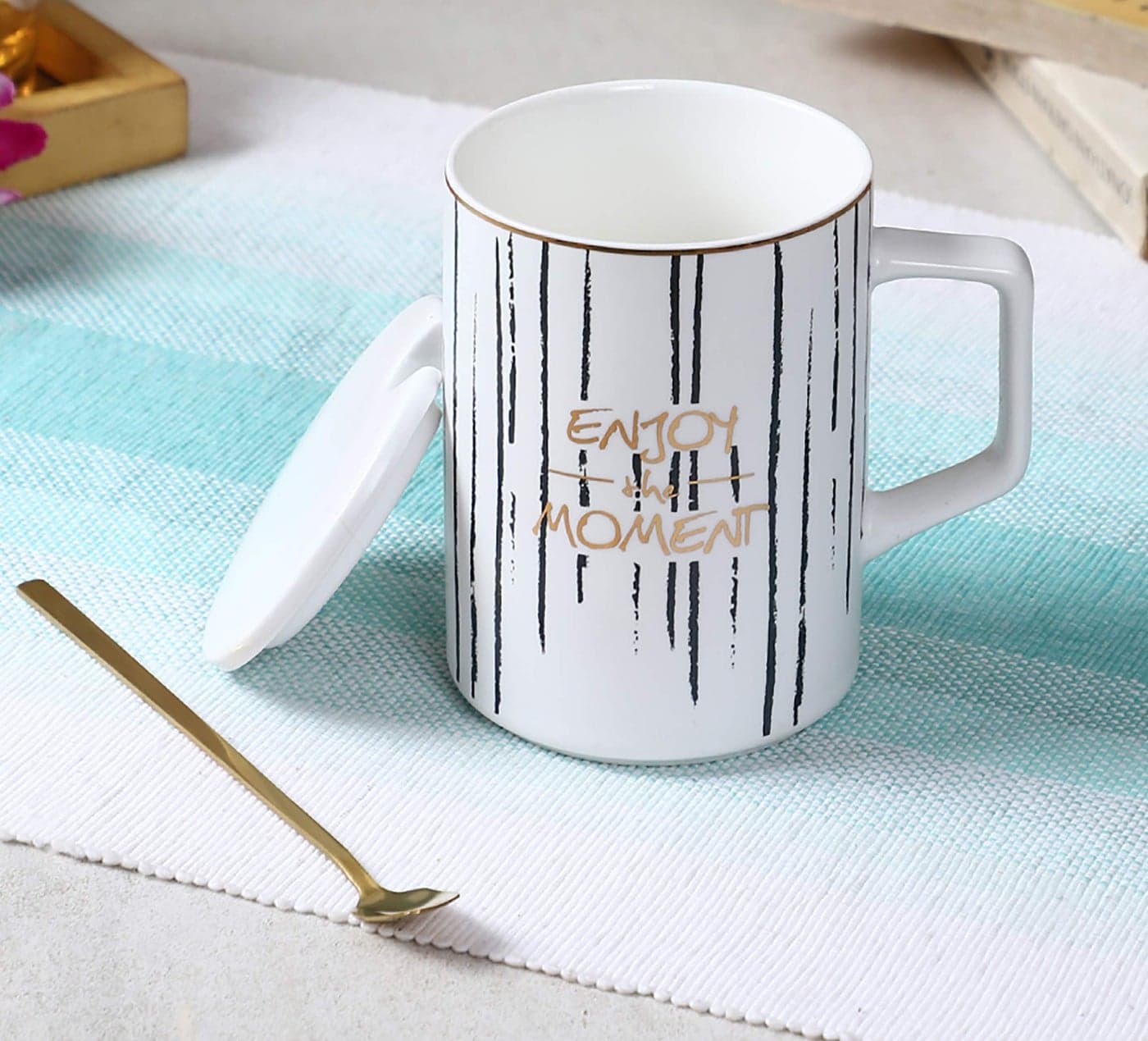 TIED RIBBONS Ceramic Mug/Cup with Lid and Spoon Set for Milk Tea Coffee (Multicolor, 350 ml)