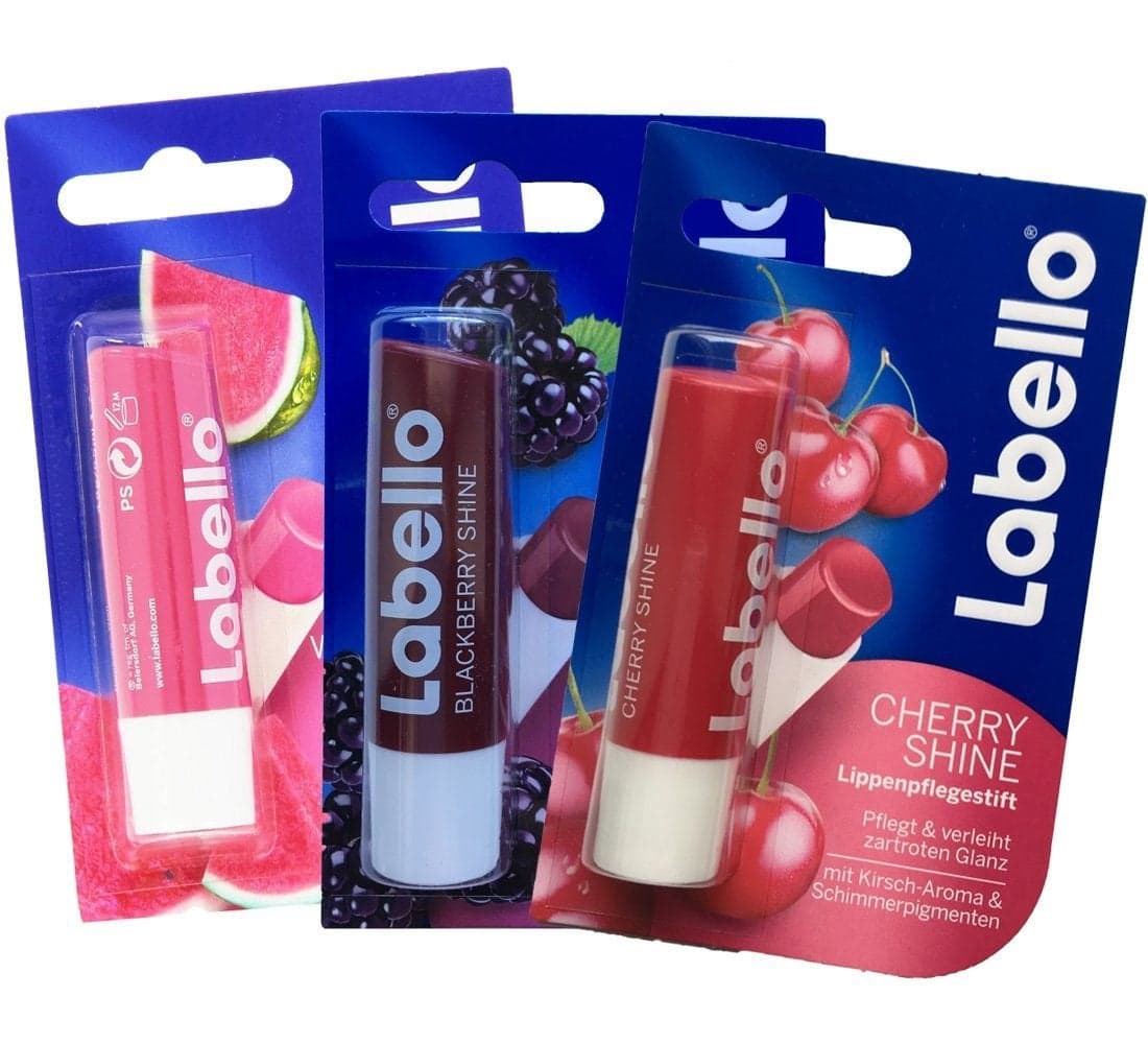Pack of 3 Labello Watermelon Blackberry Cherry Shine Lip Balm Bundle