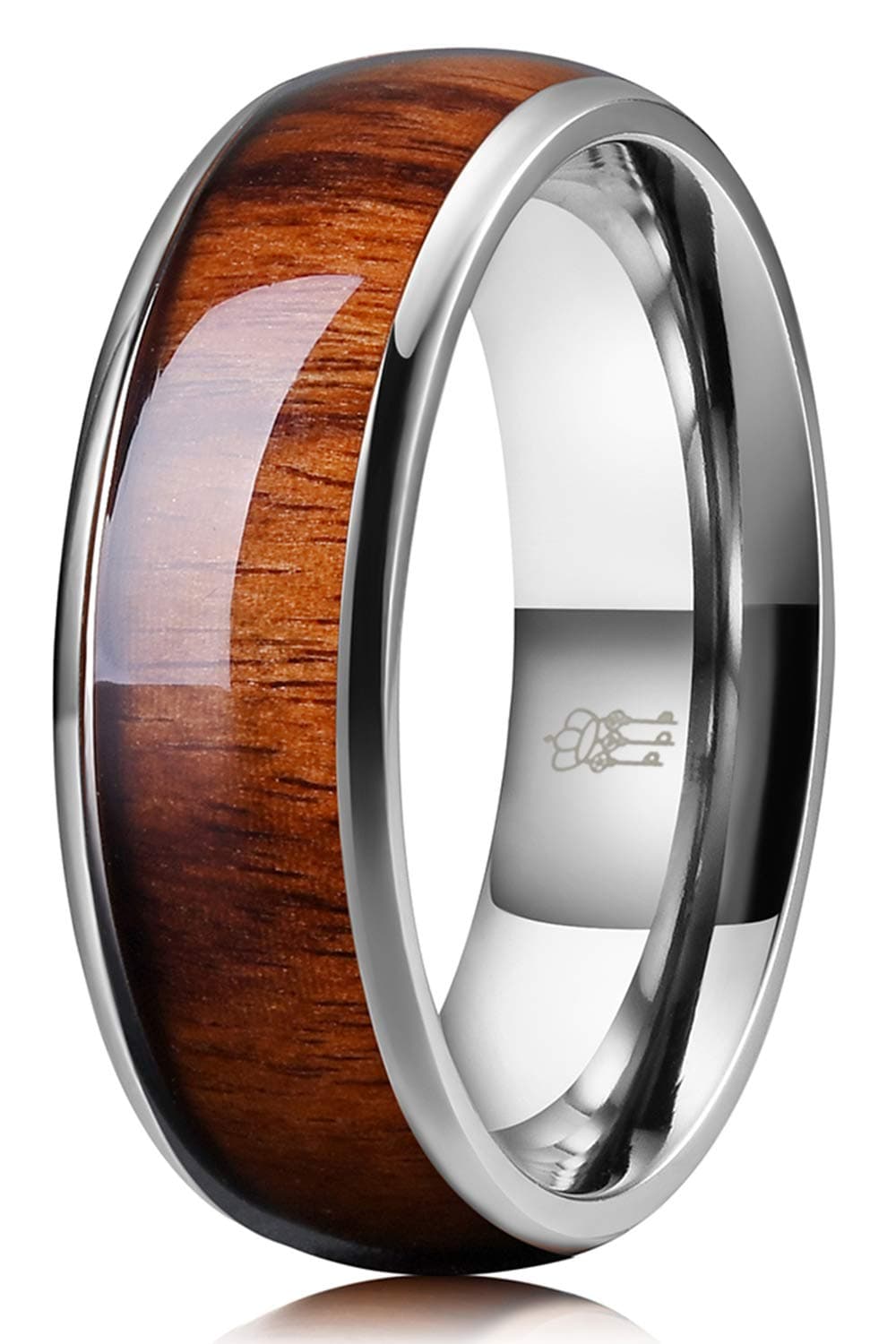 THREE KEYS JEWELRY 8mm Titanium Wedding Band Engagement Ring Silver with Real Santos Rosewood Wood Inlay Comfort Fit Size 10