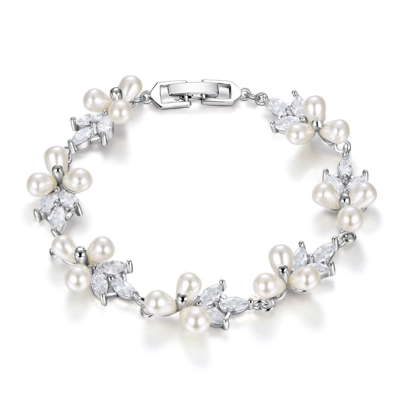 EVER FAITH Women's CZ Cream Simulated Pearl Floral Leaf Wedding Bride Tennis Bracelet White Silver-Tone