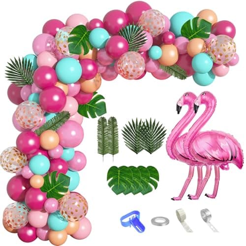 124Pcs Tropical Flamingo Balloon Arch Garland Kit 40 Flamingo Balloons Hot Pink Confetti Balloons Tropical Palm Leaves 4 Tools Hawaiian Luau Birthday Wedding Baby Shower Party Decorations Supplies