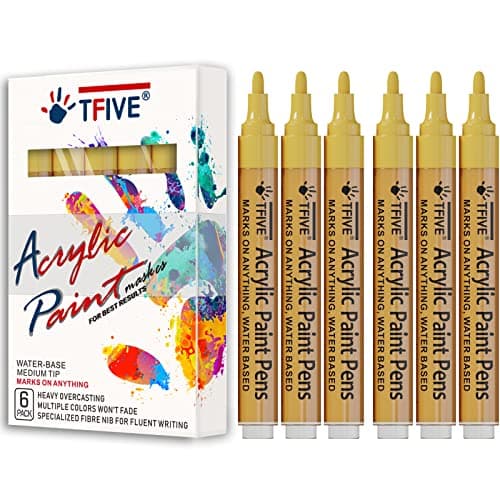TFIVE Yellow Acrylic Paint Marker Pens 6 Pack Medium Tip Permanent Acrylic Markers Yellow Water Based Paint Pen for DIY Projects Rock Fabric Wood Leather Metal Ceramics Paper Glass Plastic