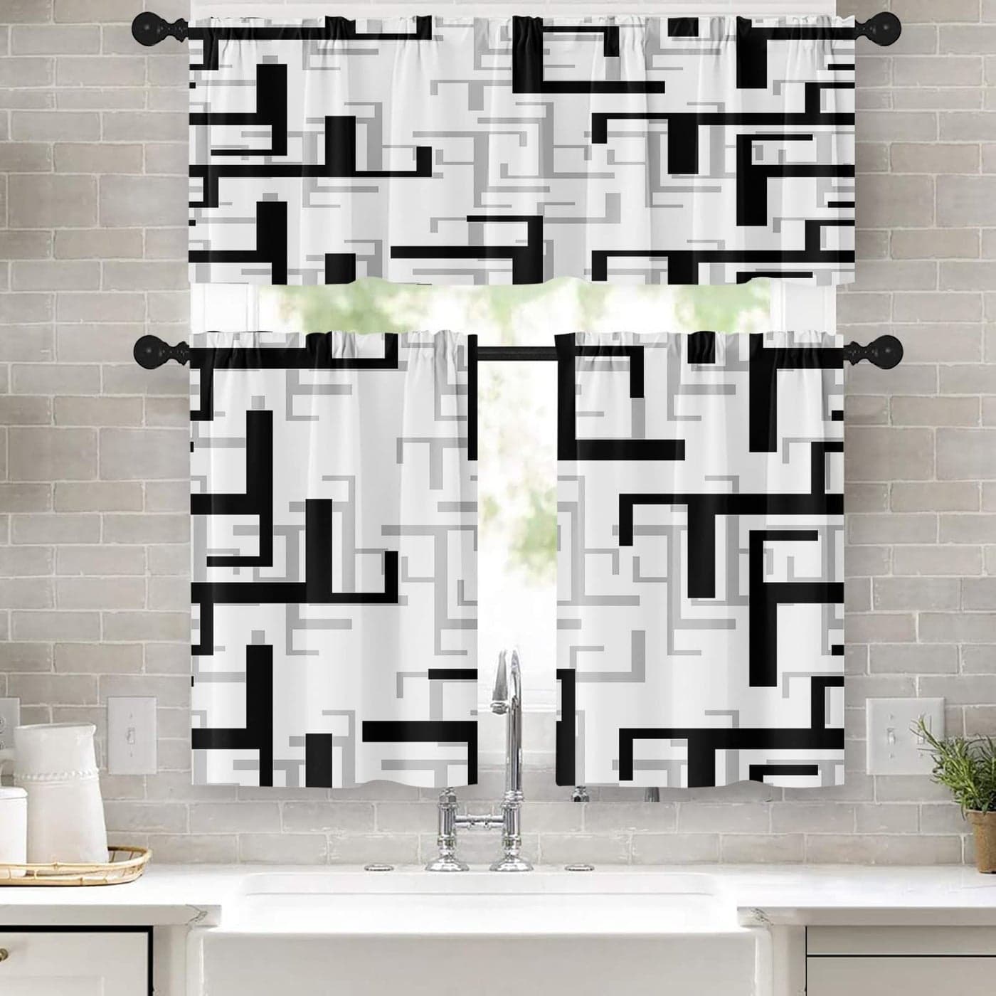 Emvency 36 Inch Kitchen Curtains Black and Grey Geometric Abstract Art Window Curtains and Valances Set of 3 White Modern Art Background Short Tier Curtain Vintage Small Kitchen Decor