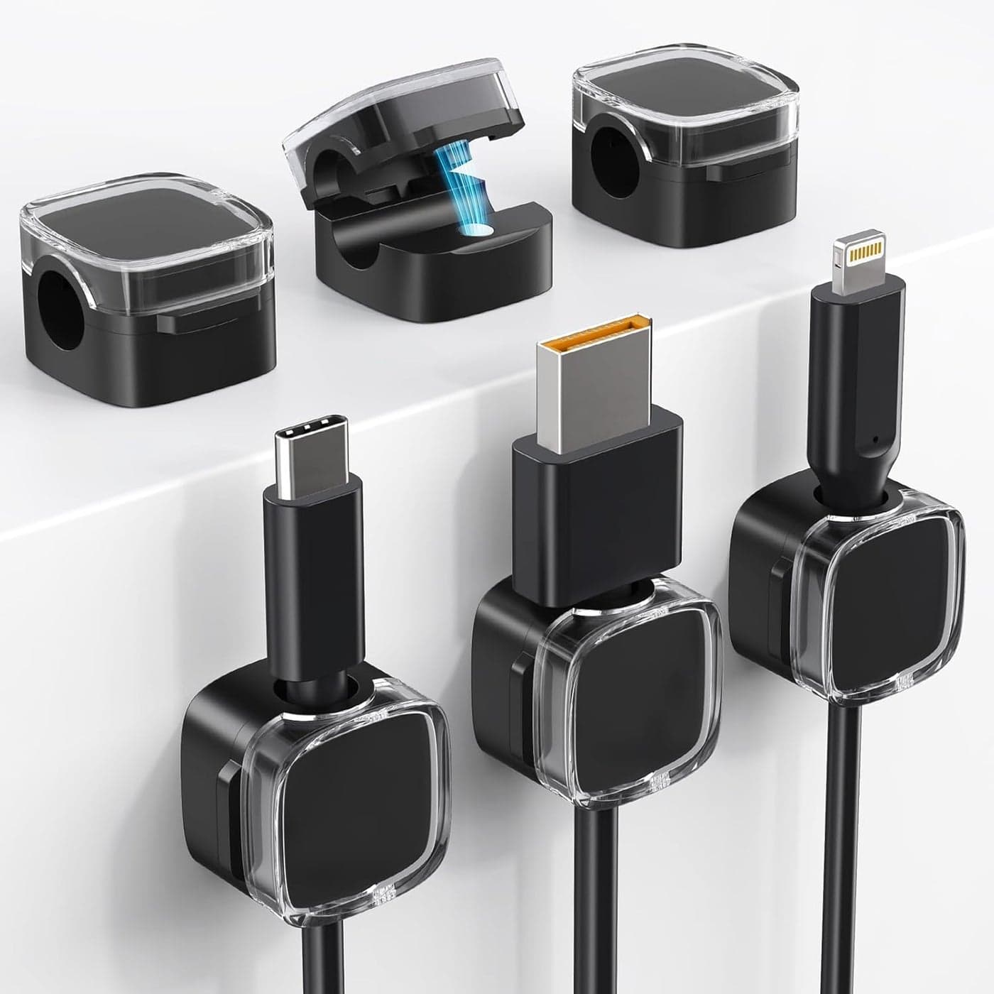 Magnetic Cord Clips 6 Pack Cord Organizer Holder for Desk Office Accessories Cable Holder Hide Phone USB Power Wire Cord Clips for Management Home Nightstand Kitchen Appliances Clear Black
