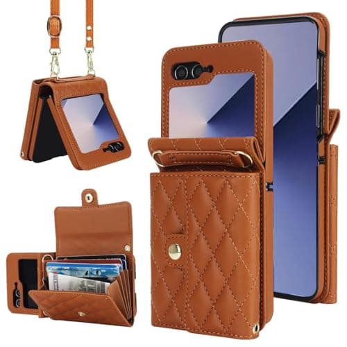 XIMAND for Samsung Galaxy Z Flip 6 Accordion Crossbody Wallet Case 4 Card Slots RFID Blocking and Adjustable Strap Stylish and Versatile Accessory for The Modern Chic Woman Brown