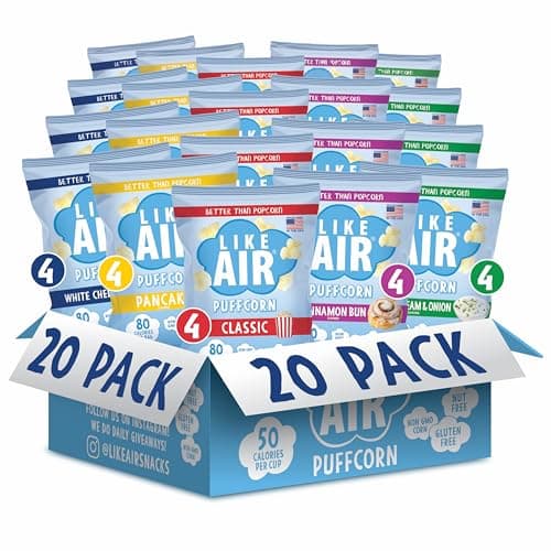 Like Air Puffcorn 5 Flavor Variety Pack (0.5 oz, Pack of 20) - Single Serve Snacks, 80 Calories, Gluten Free, Kosher, Non-GMO Corn