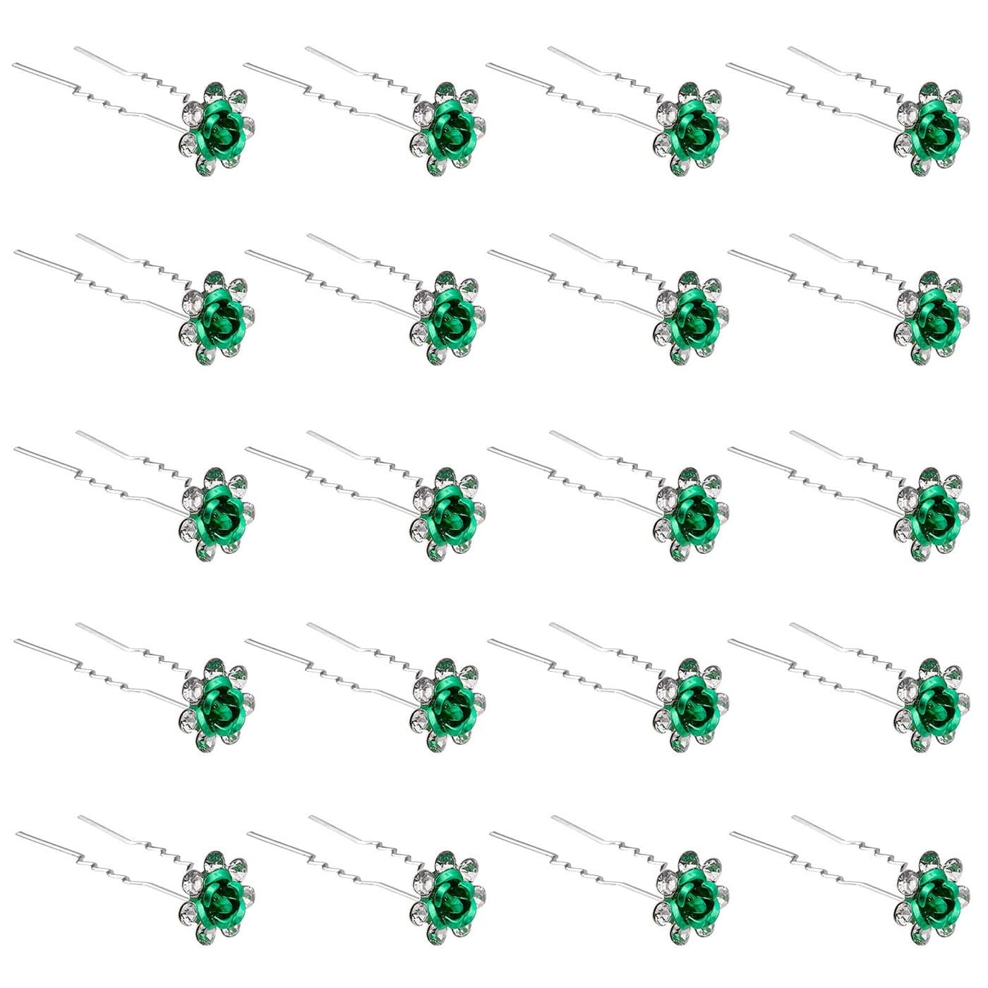 QIUTIMIY 20 Pack Green Crystal Hair Pins Rose Flower Rhinestone Hair Clips for Bridal Wedding Women Hair Jewelry Accessories with Clear Container