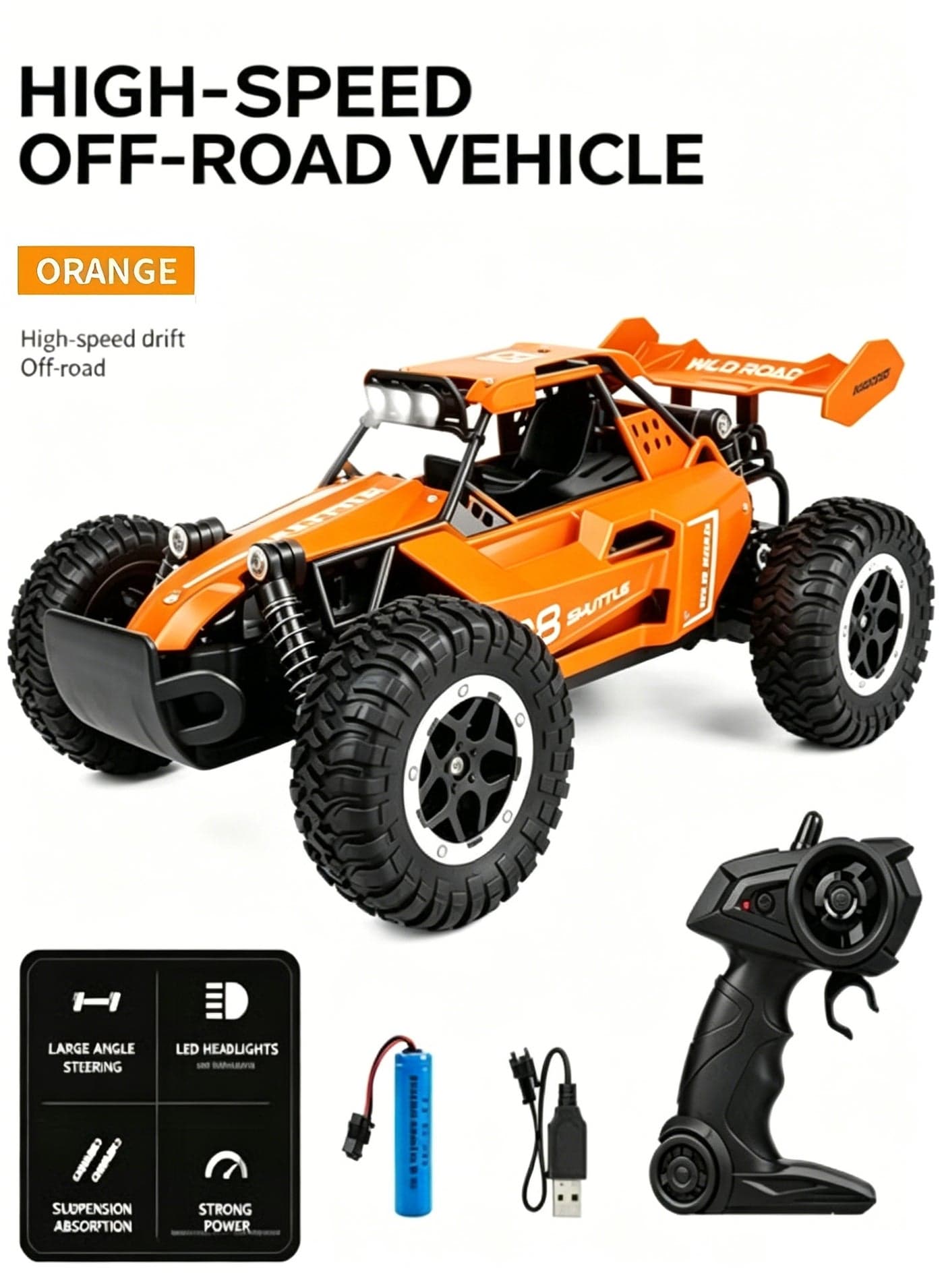 High-Speed Drift Off-Road Remote Controlled Cars 1:16 Off-Road Vehicle Monster Truck LED Headlight Outdoor 2WD Offroad Hobby RC 2.4GHz for Kids/Boys/Girls Birthday Orange/Black