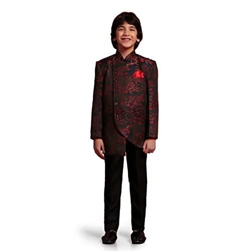 AJ DEZINES Kids Jacquard Floral Assemetric Red Sherwani Set for Boys - Traditional Outfit for Boy, Ethnic | Festival | Marriage Dresses for Boys - Regular Fit