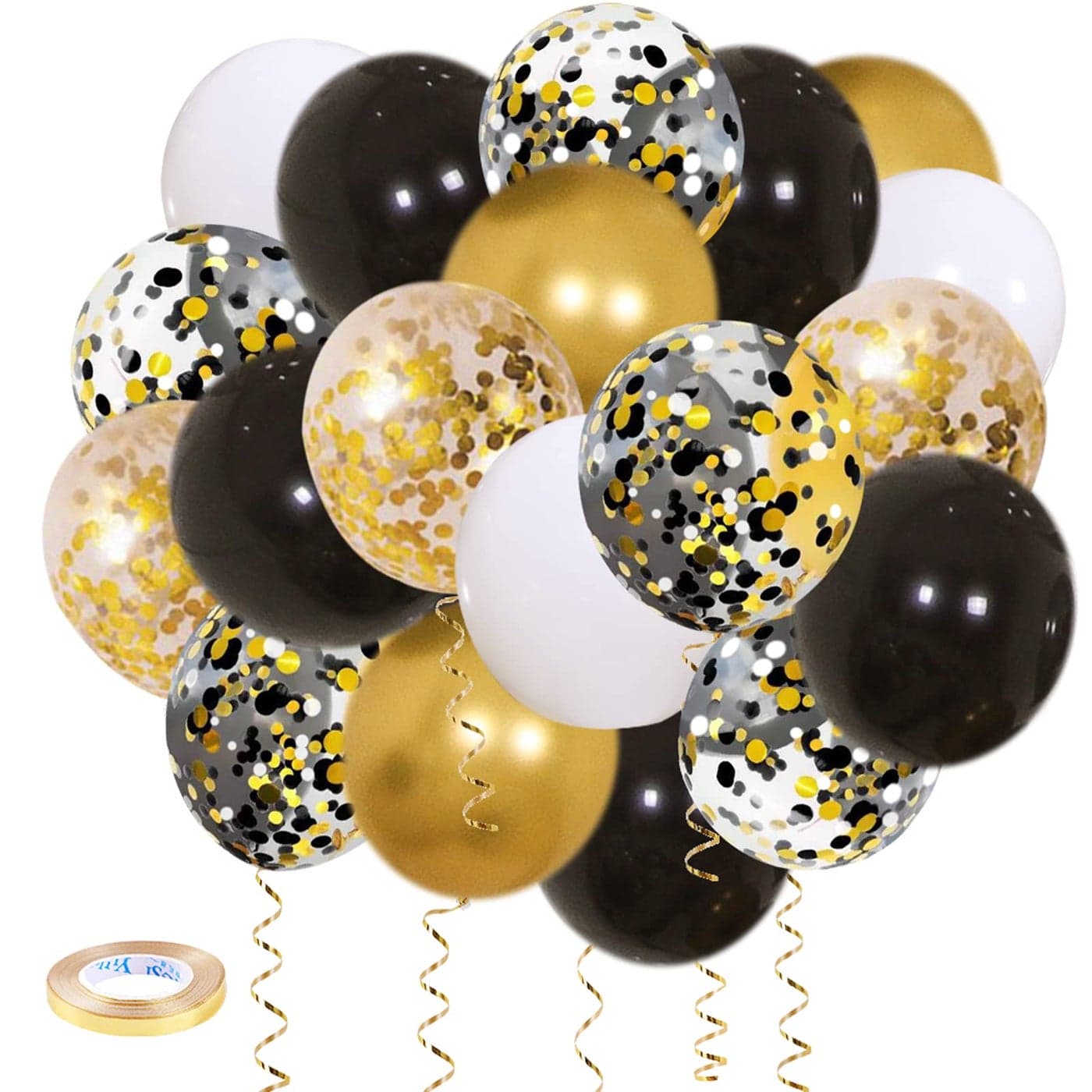 Zesliwy Black Gold Confetti Balloons 50 pack 12 Inch Gold White and Black Confetti Balloons with Ribbons for Graduation Birthday Wedding Party Decorations