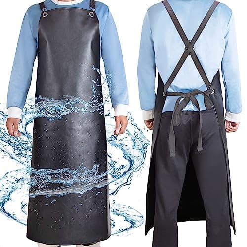 SHEOMERN Waterproof Rubber Apron, 43" Anti-Tear Heavy Duty Vinyl Adjustable Thicker Cross Back Dishwasher Apron for Restaurant Dishwashing, Butcher, Lab Work, Dog Grooming Black