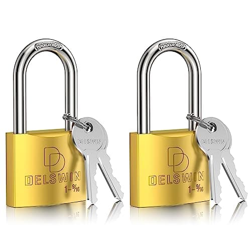 DELSWIN Weatherproof Padlock with Key (Keyed Alike) - Heavy Duty Solid Brass Locker Lock with 1-9/16" Long Shackle, Marine Grade Pad Lock for Outdoor Gate, Fence, Shed (2 Pack)